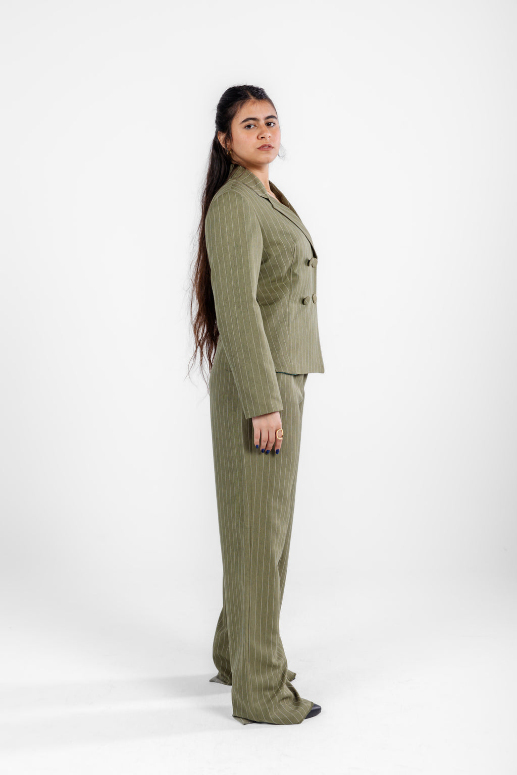 Striped Olive Three-Pieces Suit