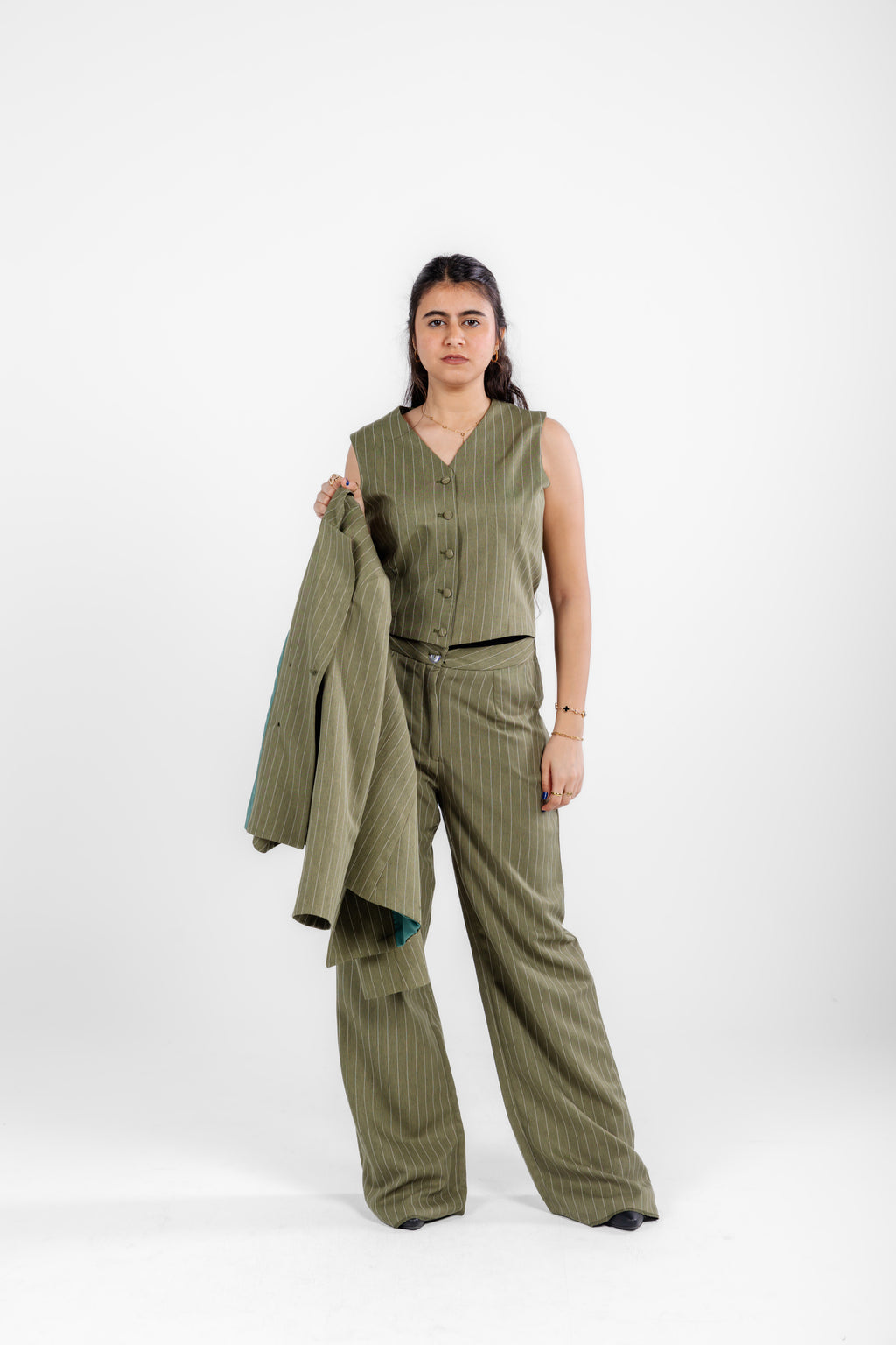 Striped Olive Three-Pieces Suit