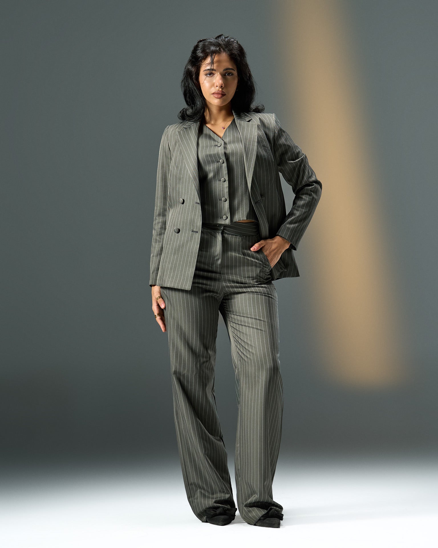 Prestige Pinstripe Three-Piece Suit – Grey