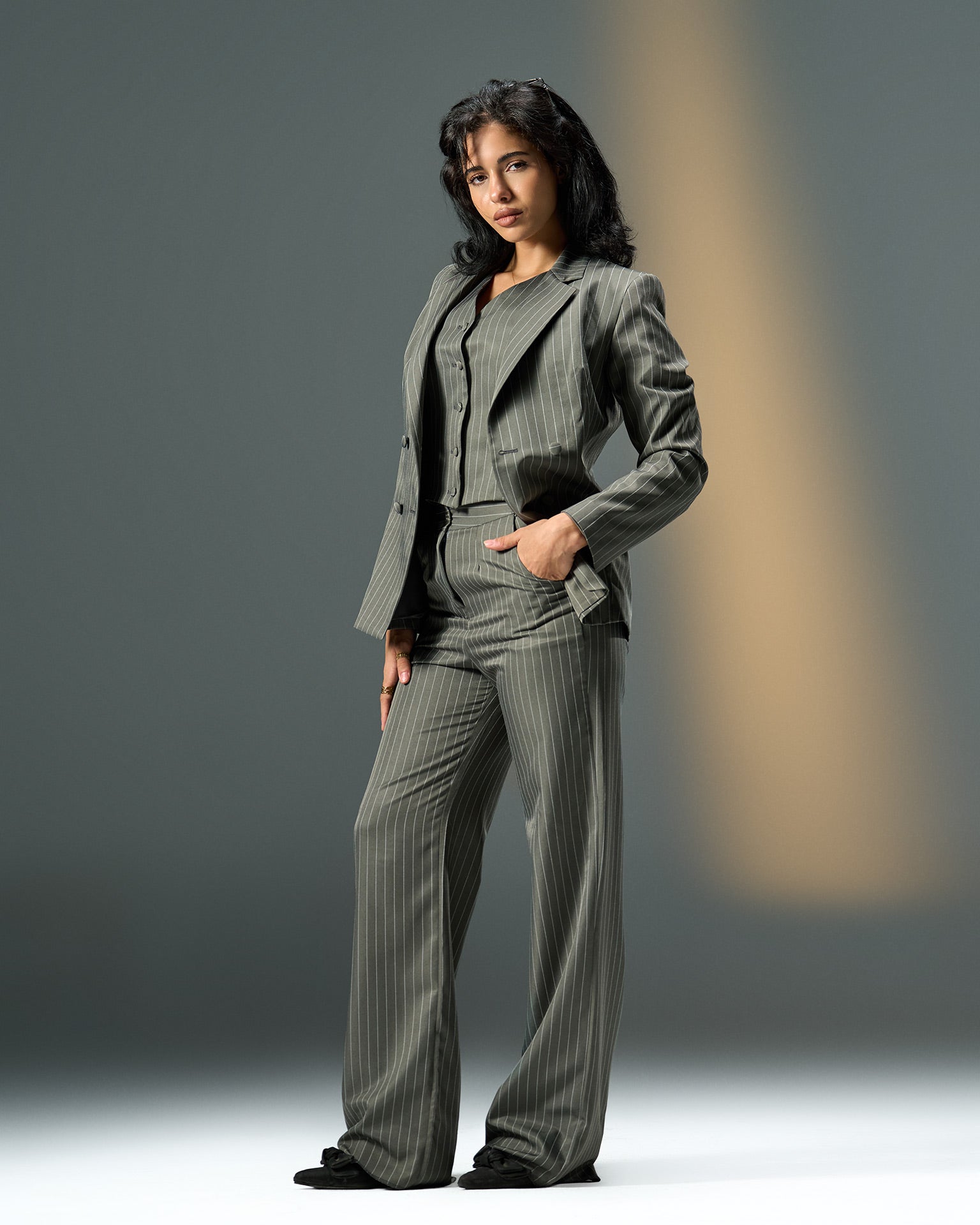 Prestige Pinstripe Three-Piece Suit – Grey
