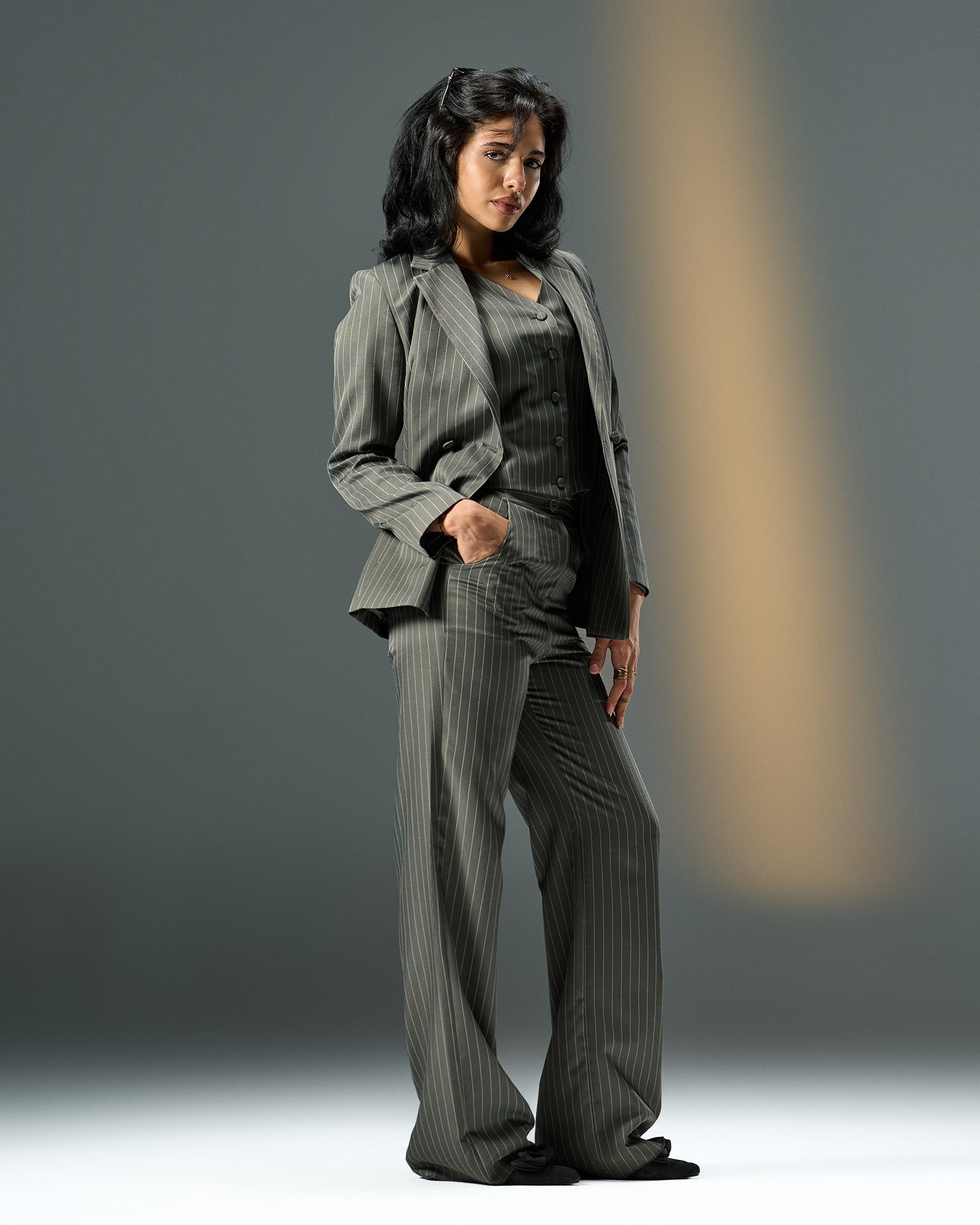 Prestige Pinstripe Three-Piece Suit – Grey