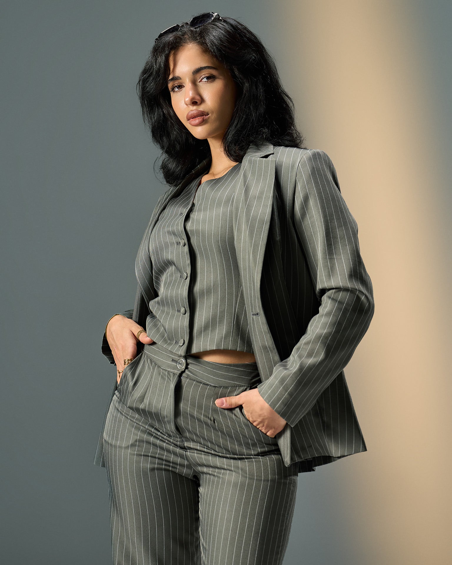 Prestige Pinstripe Three-Piece Suit – Grey