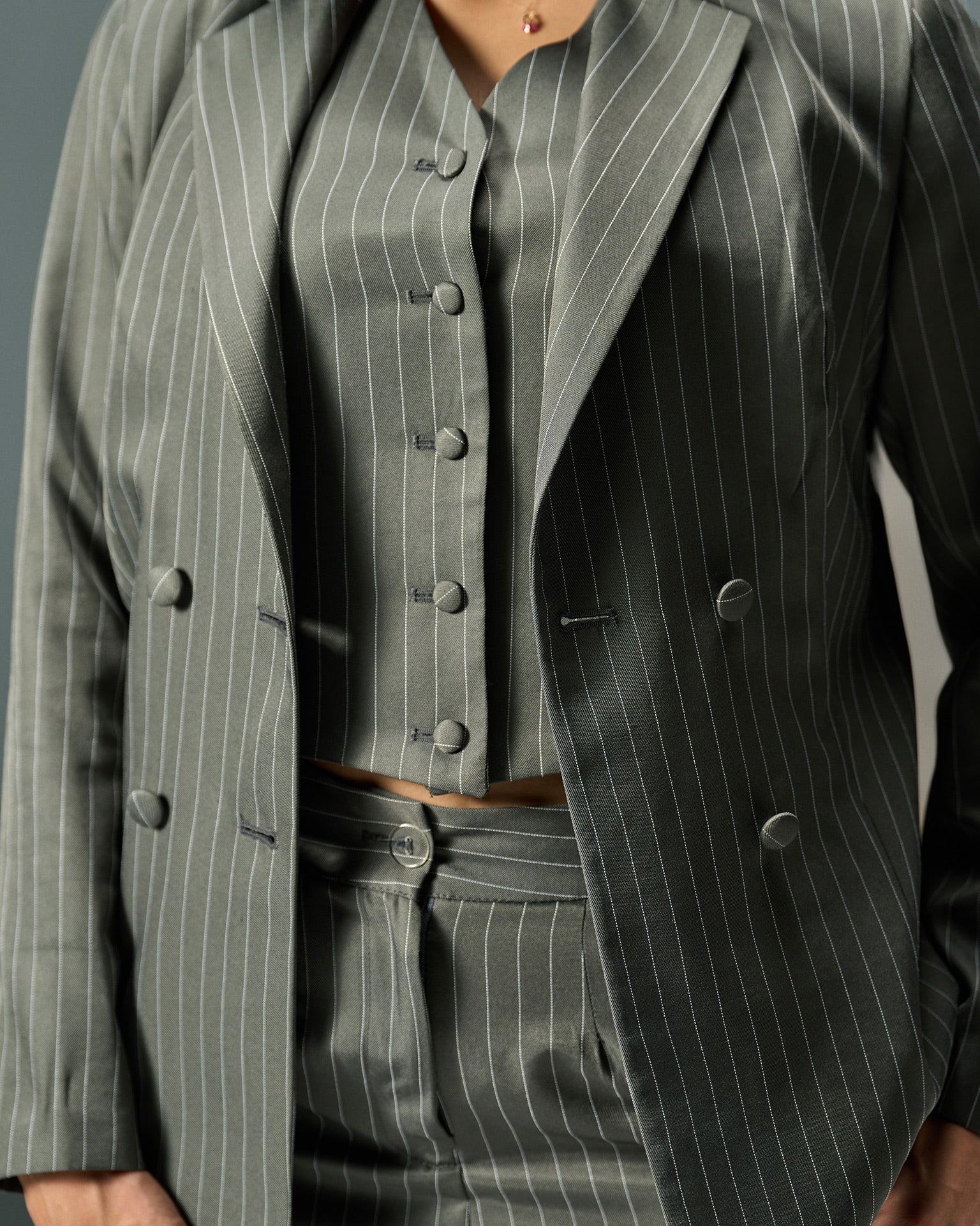 Prestige Pinstripe Three-Piece Suit – Grey