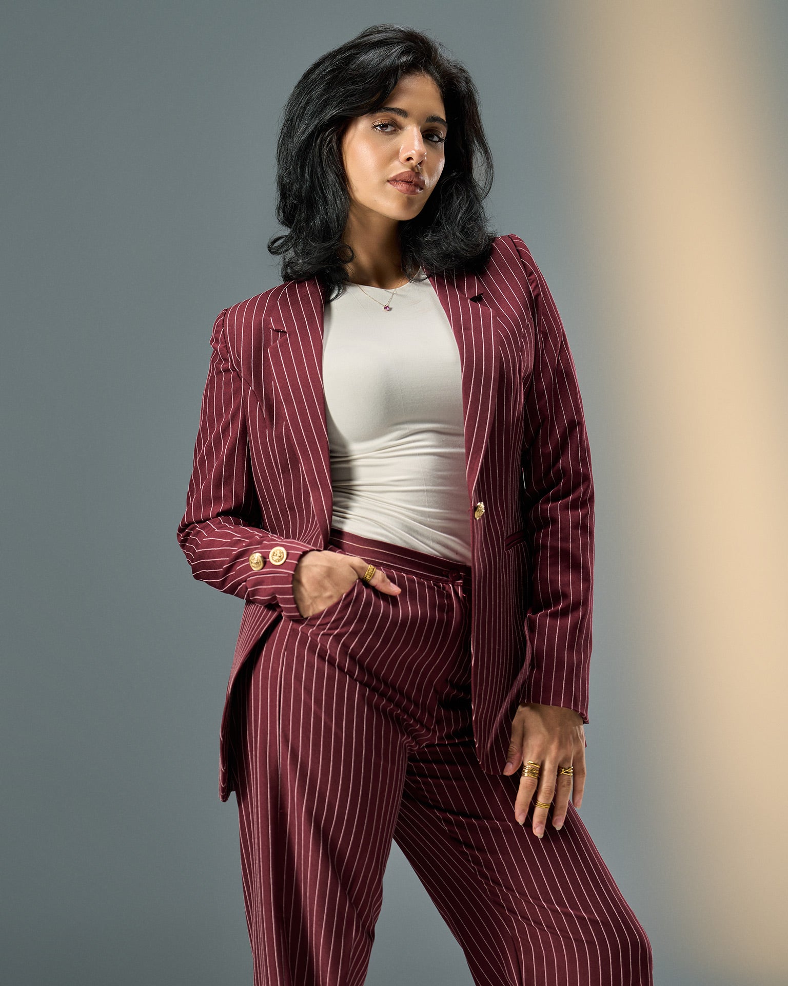 Prestige Pinstripe Suit – Burgundy